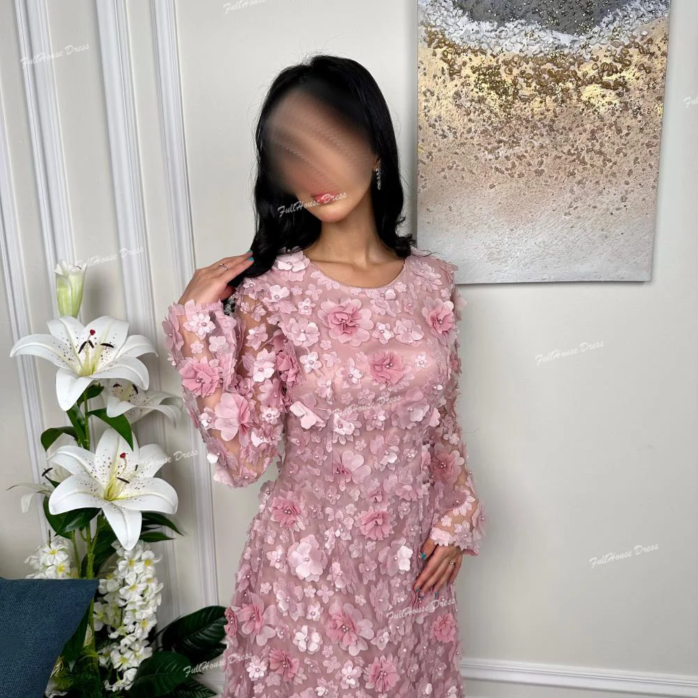 فستان سهرة مصنوع حسب الطلب رشيق برقبة دائرية مزين بالزهور من الدانتيل مستقيم بأكمام طويلة بطول الكاحل فستان حفلة موسيقية شارون سعي #2