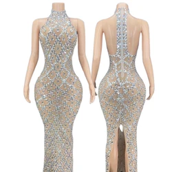 Glam Shiny Rhinestone Silver Dress Plus Size Women's Party Dress Neck Long Dress Sleeveless Elegant Illusion Glam Rhinestone