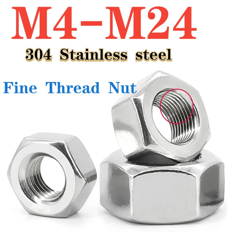 304 Stainless Steel Fine Thread Lock Nut M4 M5 M6 M8 M10 M12 M14 M16 M18 M20 M22 M24 Fine Thread Nut Pitch 0.5/0.75~2.0 Teeth