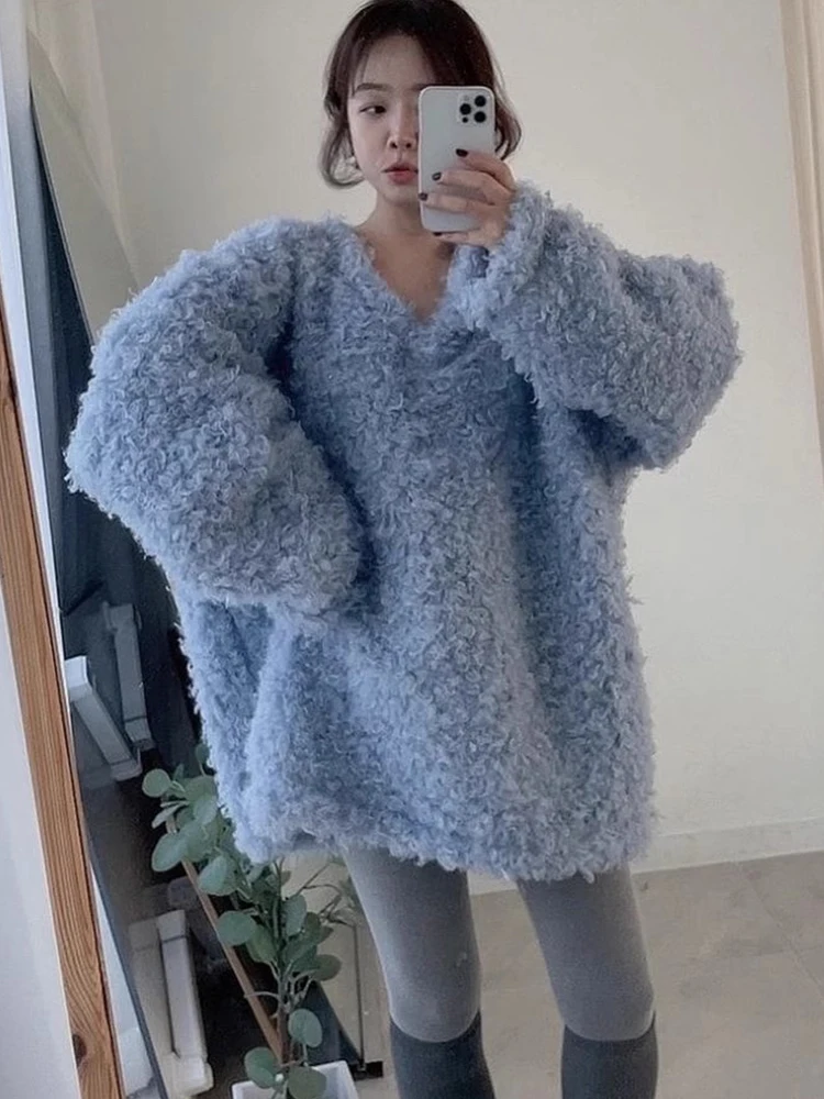 

Chic Winter Thiened Loose Casual Long Sve Lamb Fur Hoodie Women's V-ne Sweatirt Korean Sle Commute Pure Color
