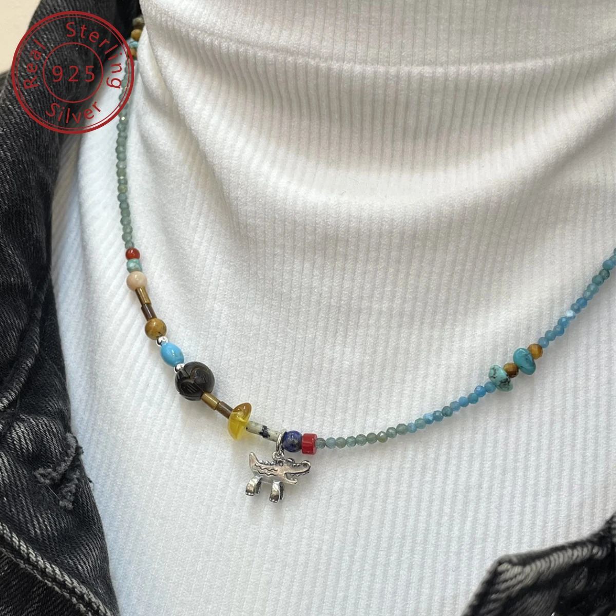 

925 silver natural apatite sea blue treasure three-dimensional small crocodile necklace, natural stone full of feel