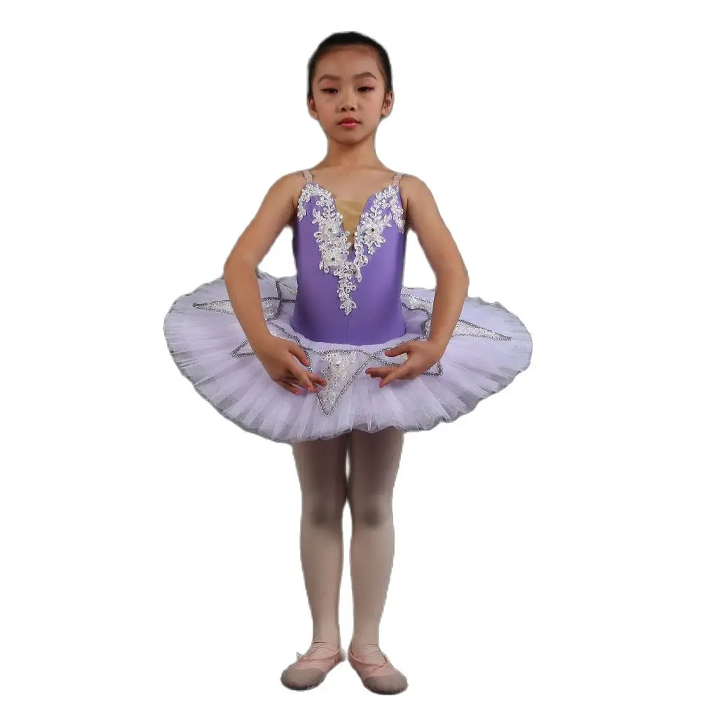 PLL004 Girls Pre-professional Ballet Dance Tutu Lilac Camisole Leotard Bodice with White Applique Trim in the Front Pleated Tutu