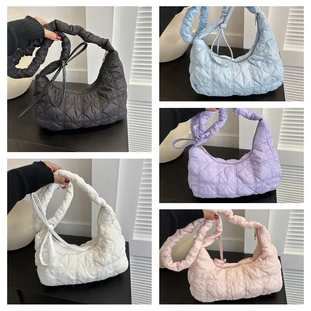 Pleated Cloud Shoulder Bag Portable Handbag Zipper Bowknot Underarm Bag Solid Color Tote Bag Bubble Message Bag Daily