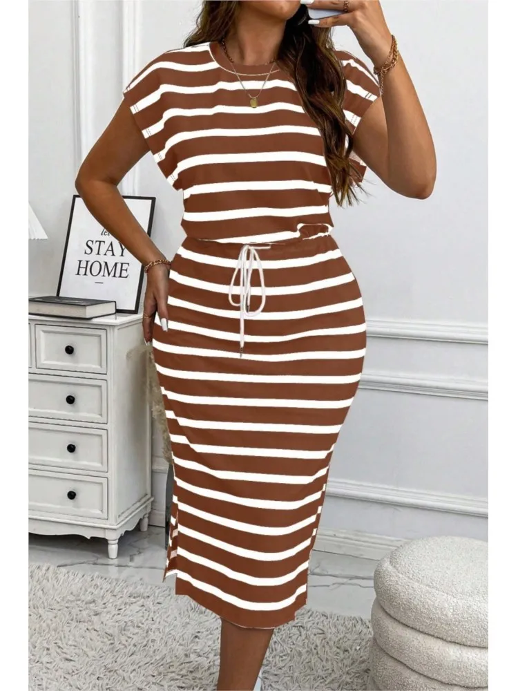 2025 Casual Striped Printed Short-sleeved Women's Dress Summer Fashion Cinched Waist Lace Up T Shirt Female Sports Dresses