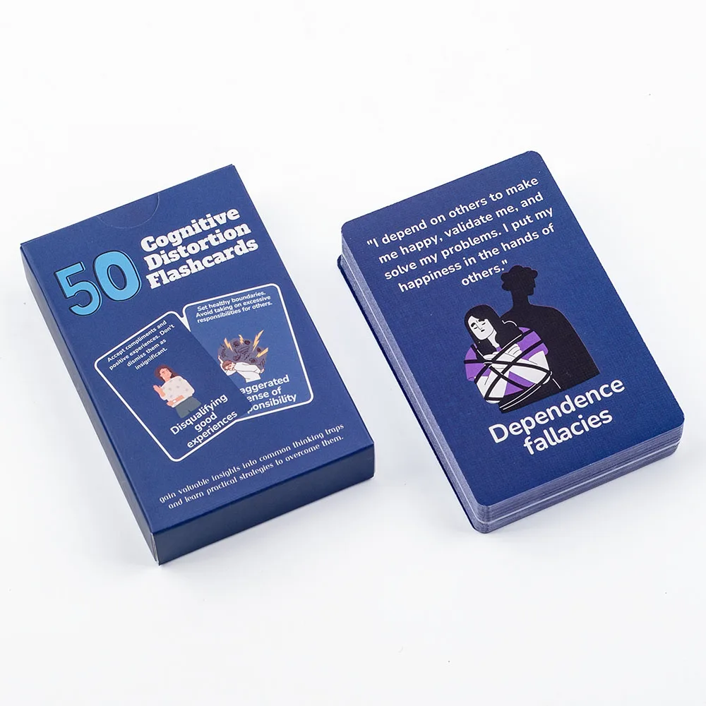 50 بطاقة تعليمية للتشويه المعرفي تحديد مصائد التفكير، استراتيجيات العافية العقلية العملية، لعبة لوحة الإدارة العاطفية