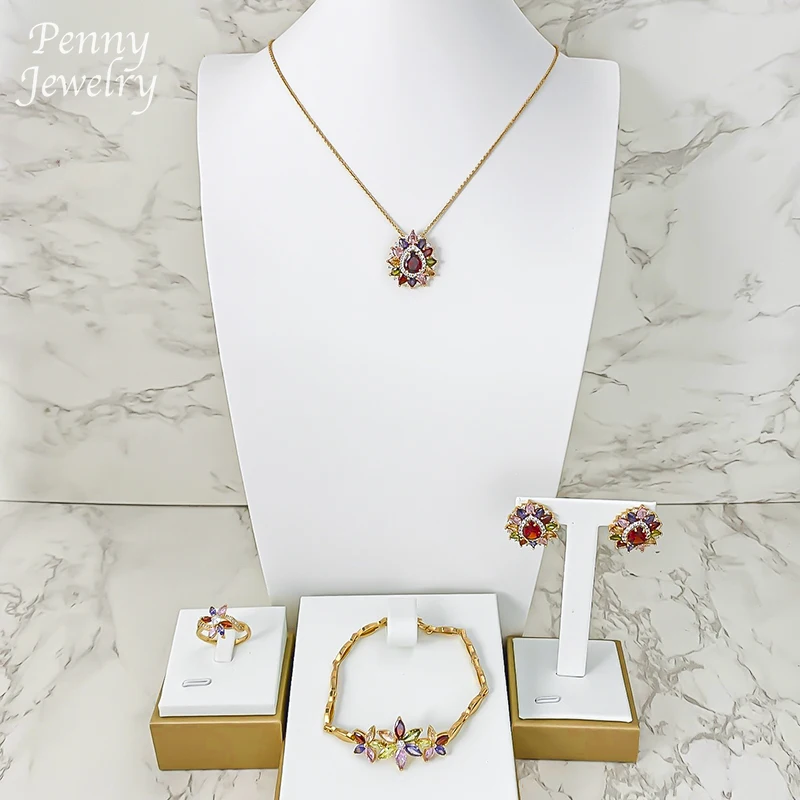 Joyería de circonia de lujo, conjunto de joyería de 4 Uds., diamantes de imitación de Dubái, collar chapado en oro de 18K, pendiente, pulsera, anillo, regalos de fiesta de boda