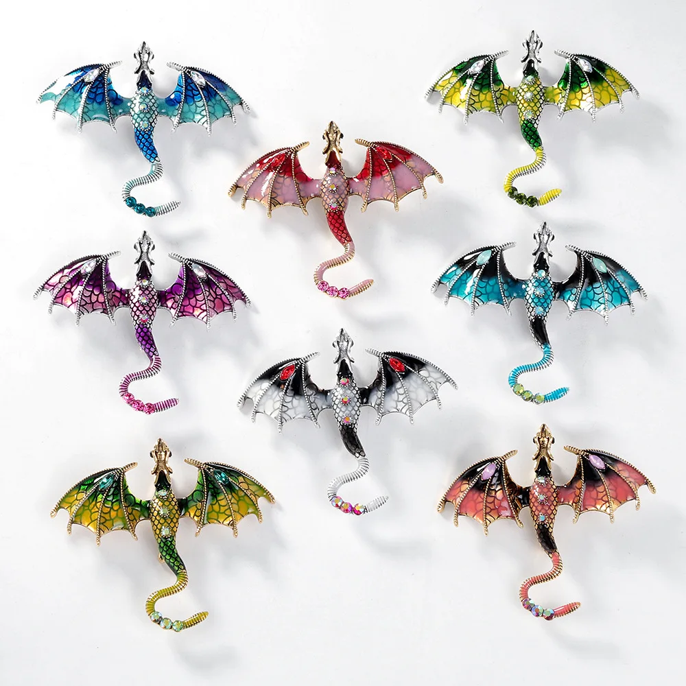 Hot Selling Enamel Dragon Brooch Ladies 8 Colors Rhinestone Flying Legs Animal Party Office Brooch Pin Gift