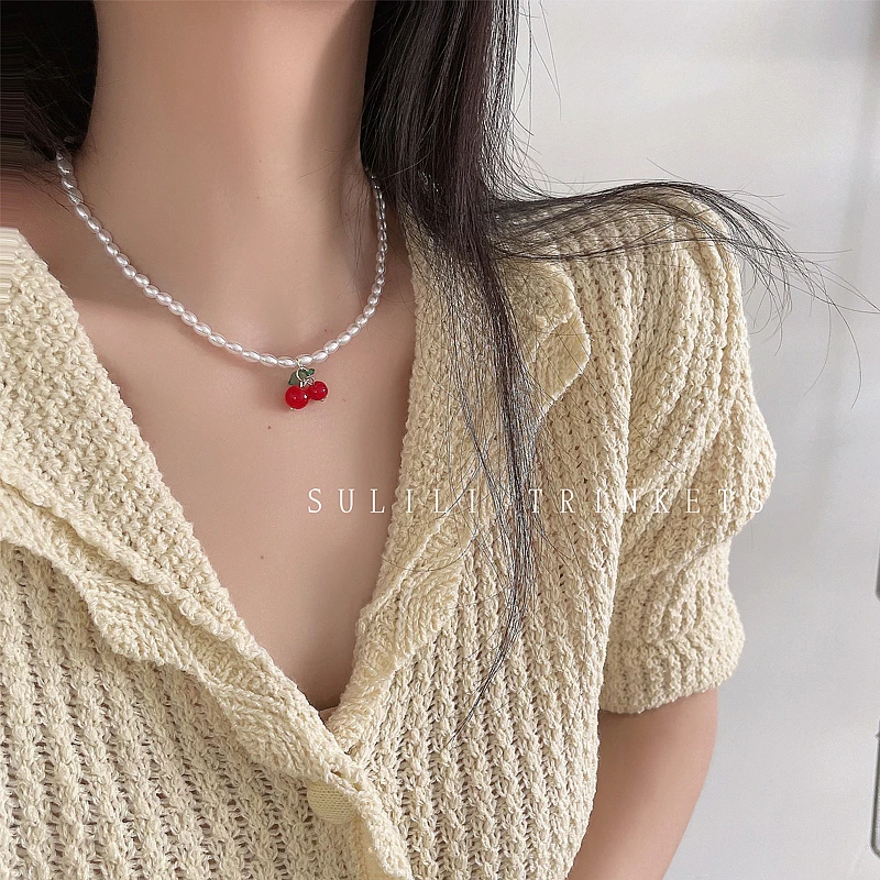 Korean Pearl Beaded Cherry Pendant Choker Necklace for Women Girls Boho Jewelry Clavicle Chain Party Travel Collar Gifts