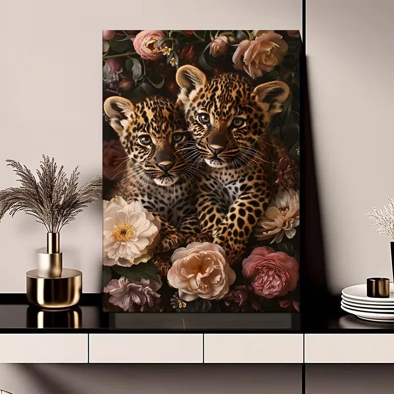 Multiple sizes 1pc frameless Canvas Painting,Leopard in Bloom Blooming Pink and Beige Flowers Poster and Prints Canvas Painting