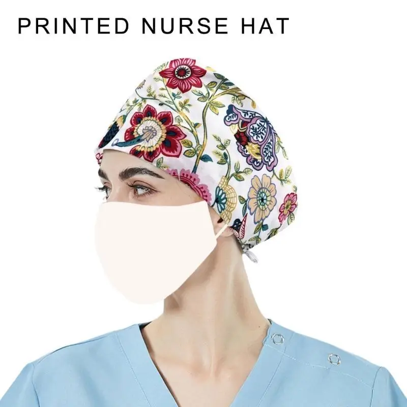 A52E 우아한 프린트 모자 닥터 모자 코튼 스웨트밴드 모자 유니섹스 스크럽 병원 모자
