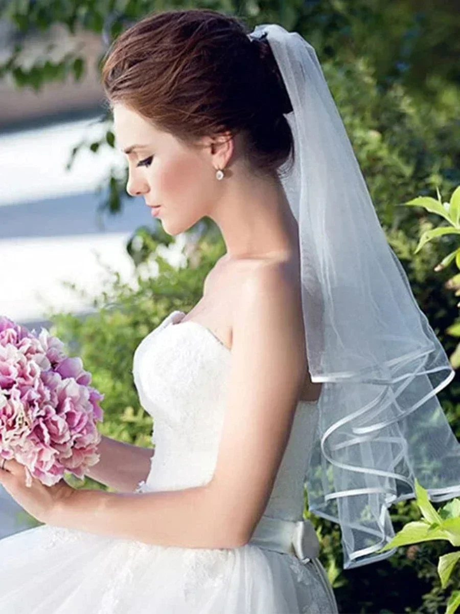 Two Layers Bridal Veils Ribbon Edge Cheap Bride Accessories 75cm Short Women Comb