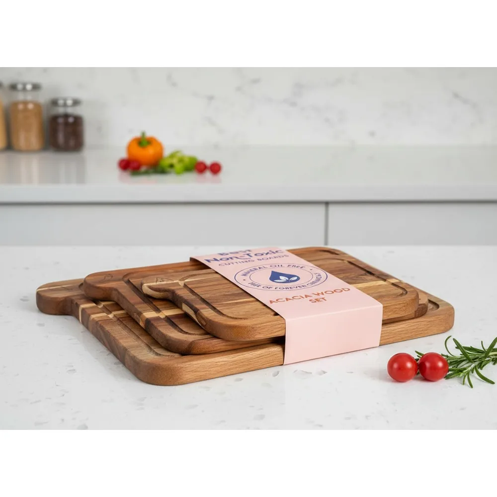 

Eco-Friendly Acacia Wood Cutting Board Set - 3 Non-Toxic Kitchen Chopping Boards with Anti-Cross Contamination Design