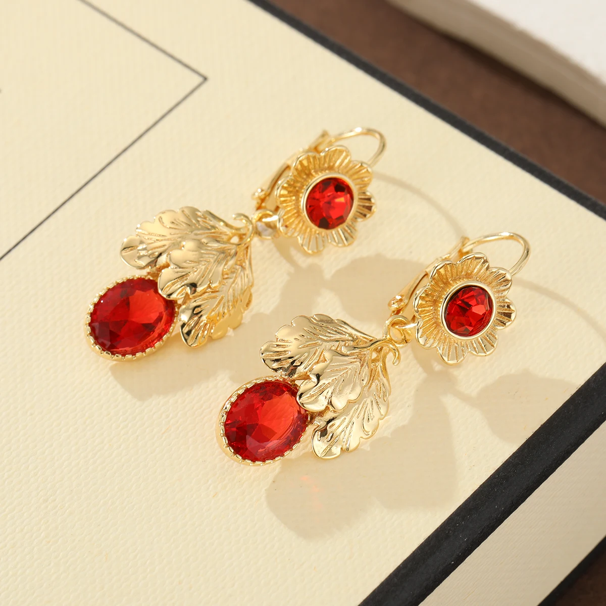 Vintage Court Copper Dangle Earrings with Floral Leaf Design & Red Artificial Gems, Fit Banquets and Dinners. view 6