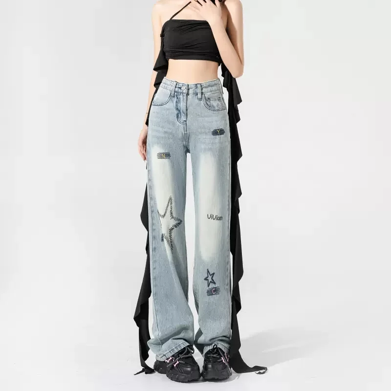 Women Blue Jeans Fashion Embroidered Trousers Vintage High Waist Wide Leg Europe and America Baggy Summer Straight Denim Pants