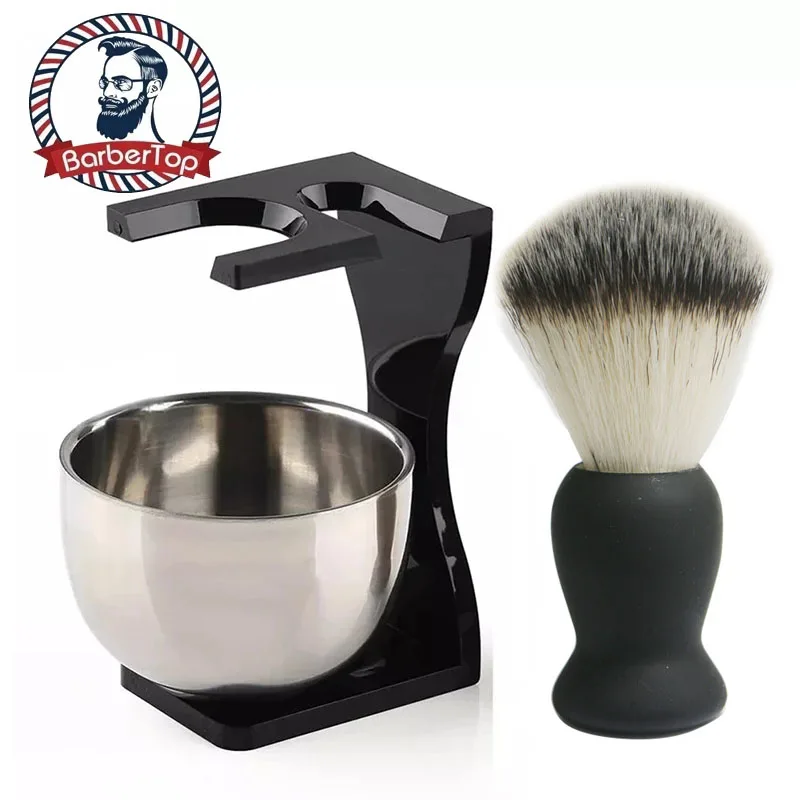 Barbertop-Professional Beard Shaving Brush Set para Homens, Tigela De Aço Inoxidável, Stand Bigode, Ferramenta De Limpeza Facial