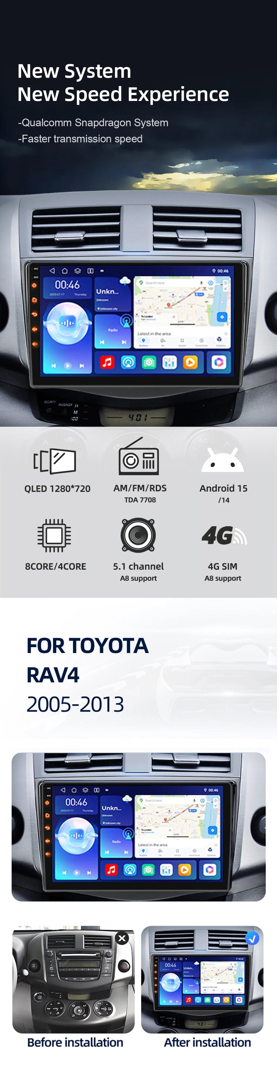 2026 Neues 2-Din-Autoradio, Snapdragon Android 15, unterstützt CarPlay und Android Auto, geeignet für Toyota RAV4 Rav 4 2005–2013 – Detail 1