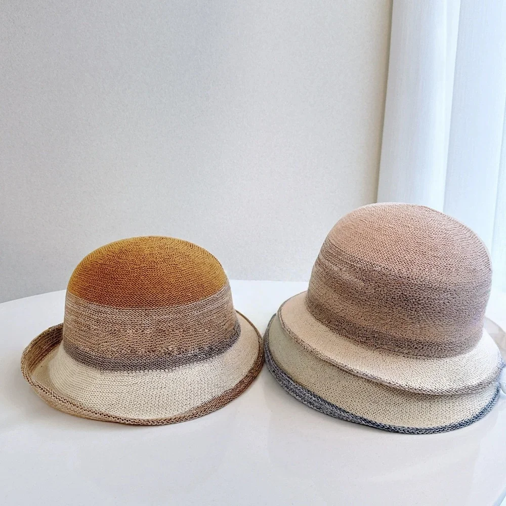 Women’s Summer Casual Gradient-Coloured Fisherman’s Hat: Breathable, UV-Protective Knitted Bucket Hat with Turn-Up Brim
