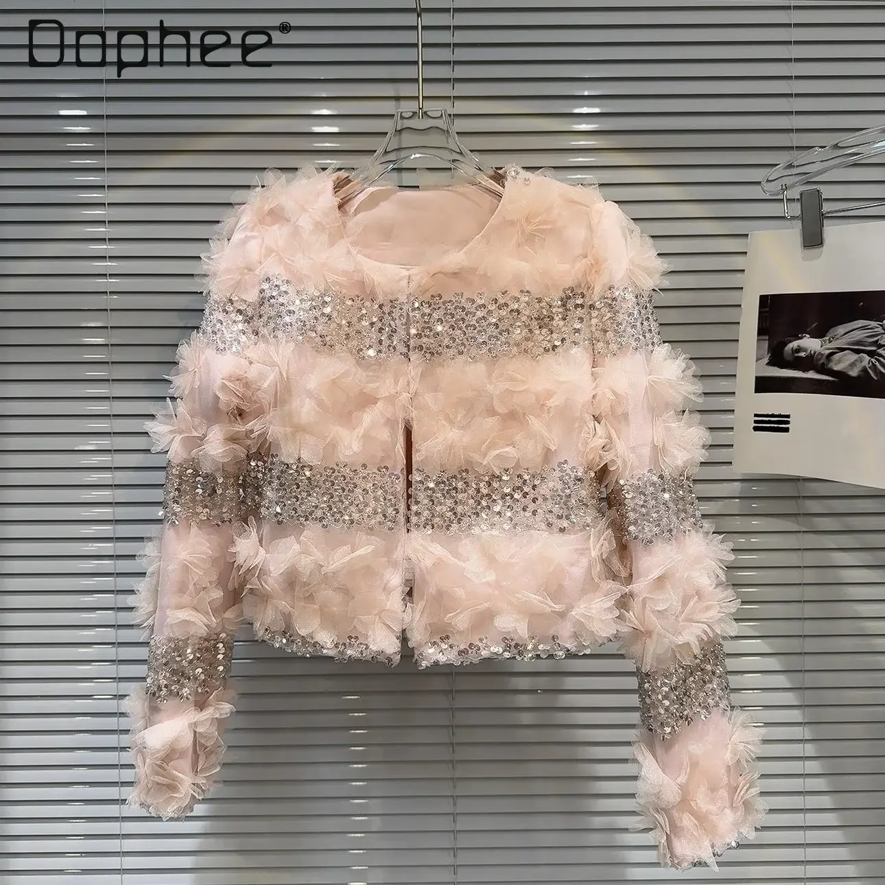 Luxury Mesh Flower Sequin Short Jacket Pink Round Collar Slim Coats Ladies Outwear 2024 Autumn Fashion Cardigan Female Trend