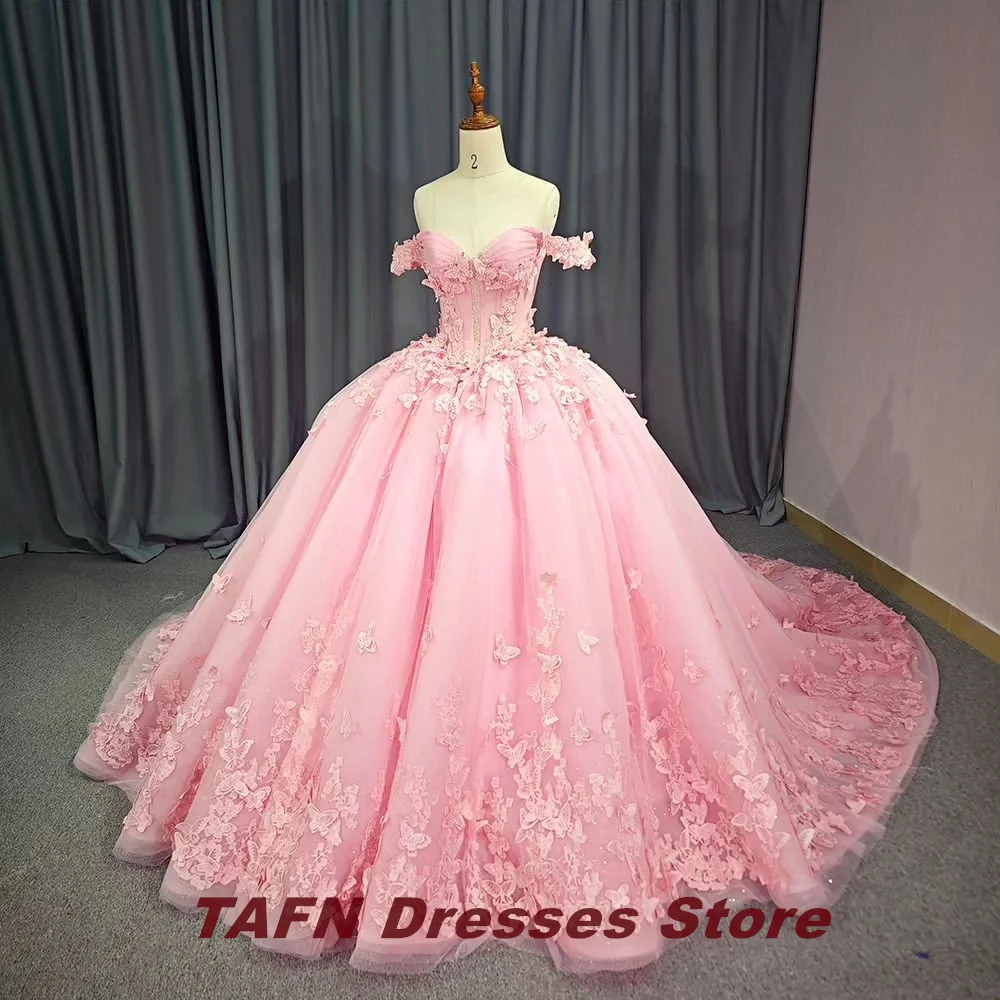 TAFN-vestido quinceanera rosa, trem da capela, fora do ombro, vestido de baile, apliques de renda, colarinho querido, apliques