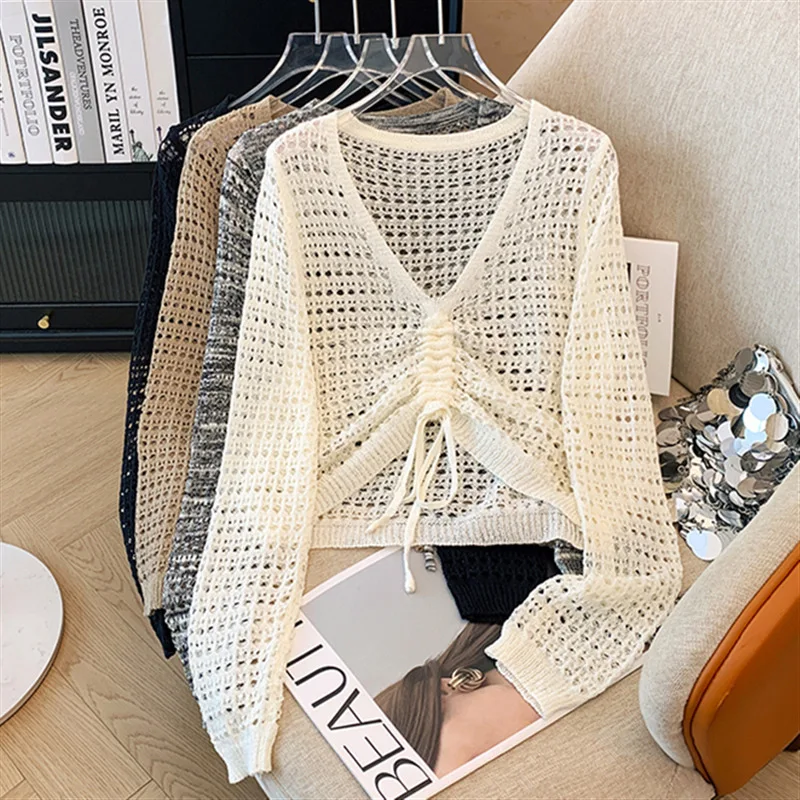 New Women V Neck Crochet Knit Top Long Sleeve Drawstring Ruched Cropped Sweater Hollow Out Beach Cover Up Casual Summer Pullover