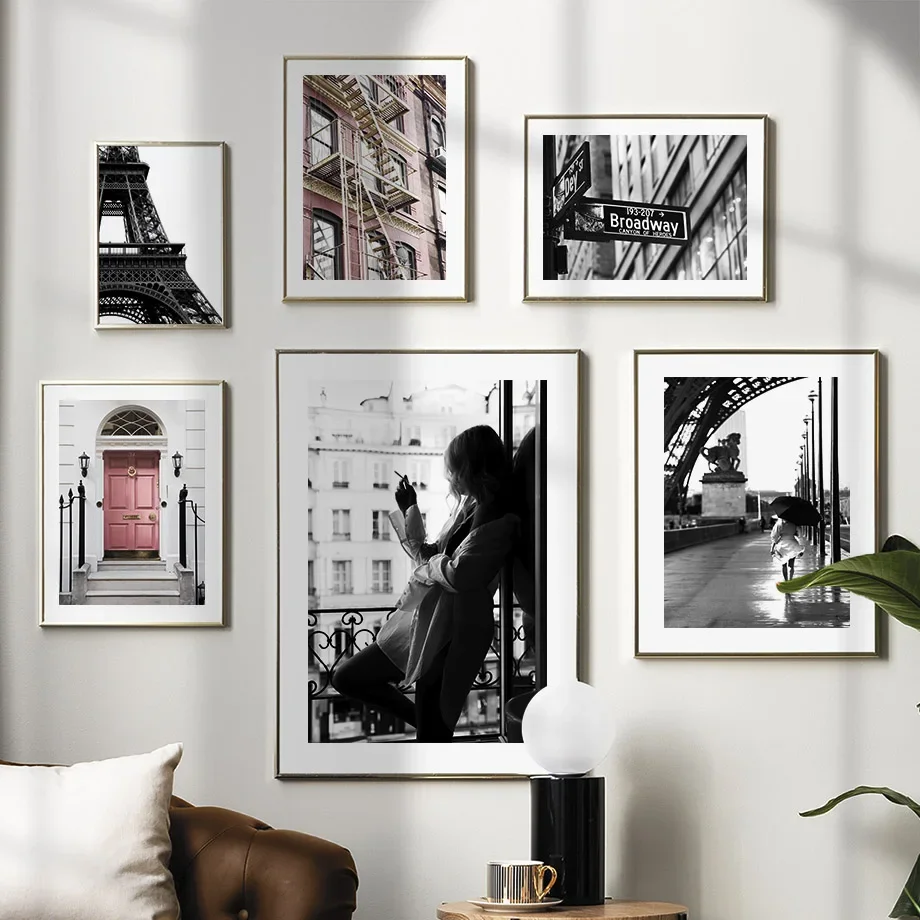 Paris Street Pink Vintage House Fashion Girl Black White Wall Art Living Room Decor Canvas Painting Poster And Print Picture