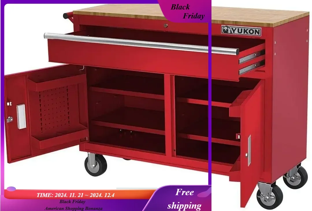 Yukon 46inch Mobile Workbench With Solid Wood Top , Red