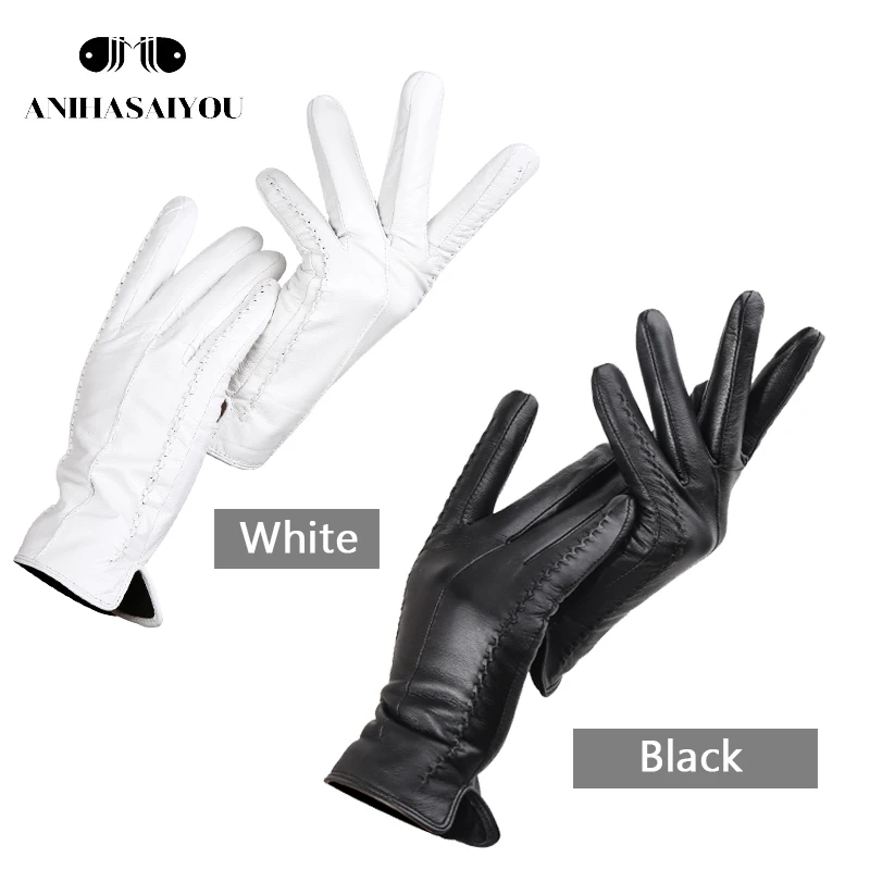 Fashion white leather gloves women Genuine Leather White gloves sheepskin Short comfortable Women\'s gloves warm lining-2226D