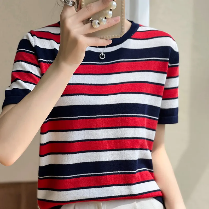 100% Pure Cotton Women Slim Sweater T-shirt New Summer Short-sleeve O-neck Stripe Pullover Tees Britain Casual Knitted Tops