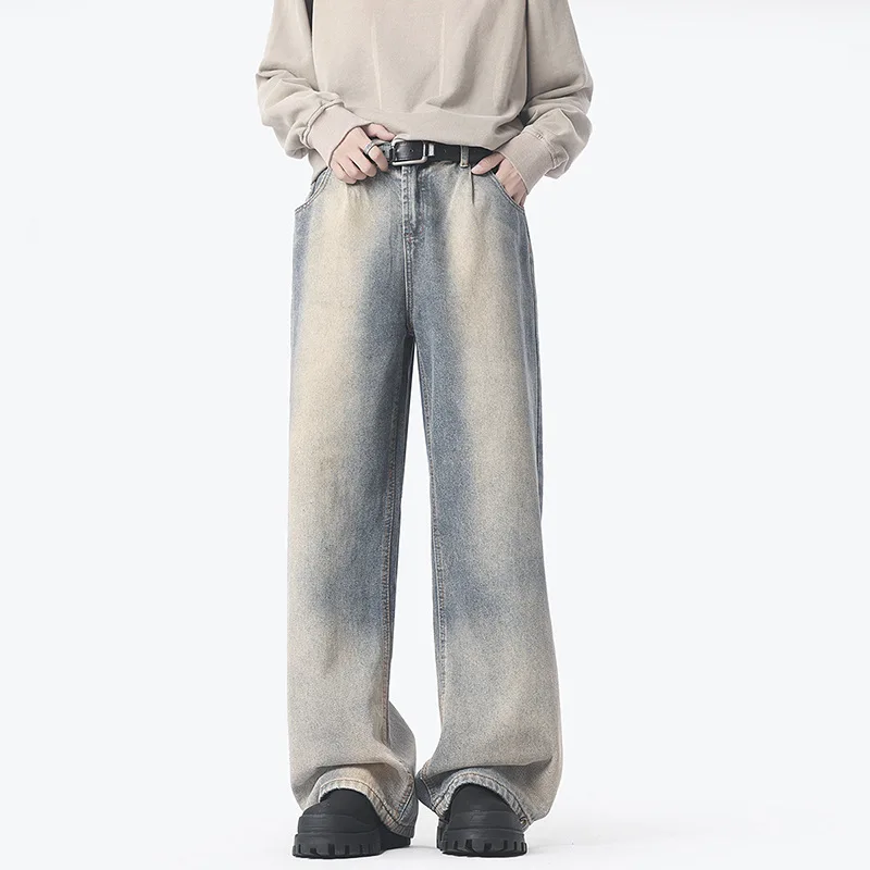 

American Retro Gradient Color Denim Jeans Men's Washed Old Straight Leg Wide Leg Trousers Soft Pockets Loose