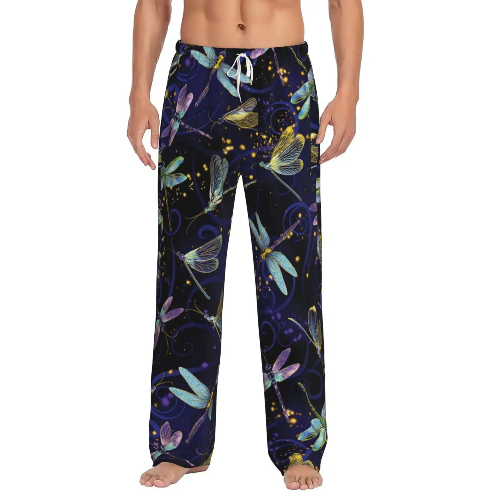

Мужские спальные штаны с психоделическим принтом стрекозы и высококачественные спальные штаны оригинального стиля с карманами для домашнего использования