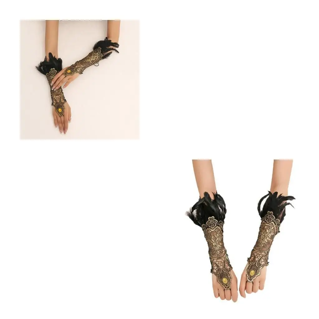39BD Embroidery Glove Bangle Medieval Steampunk Gothic Lace Bracelet Ring Exaggerated