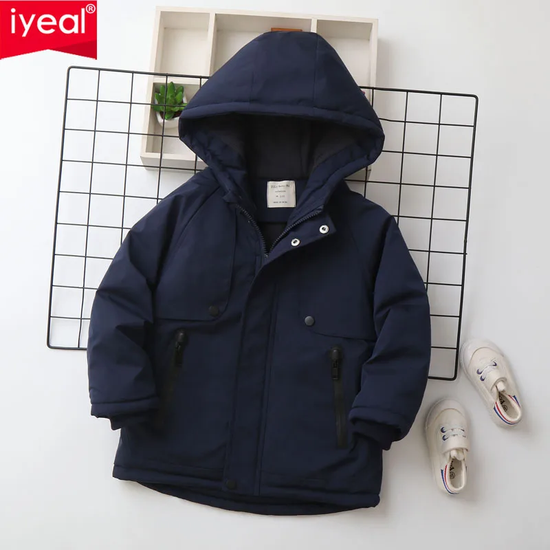 

IYEAL зимнее детское однотонное пальто для мальчиков, детская одежда на молнии, ветрозащитные куртки с длинными рукавами и капюшоном, теплые пальто, одежда