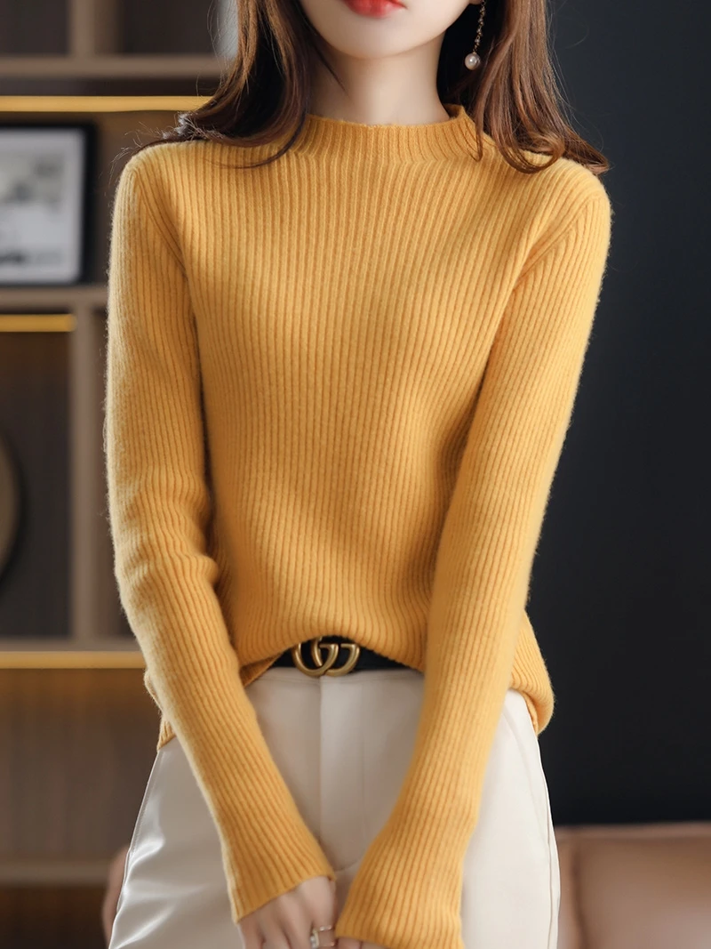 

Модный полосатый шерстяной трикотаж с высоким воротником для женщин, осенняя новинка, облегающий крой, утягивающий эффект, базовая кофта