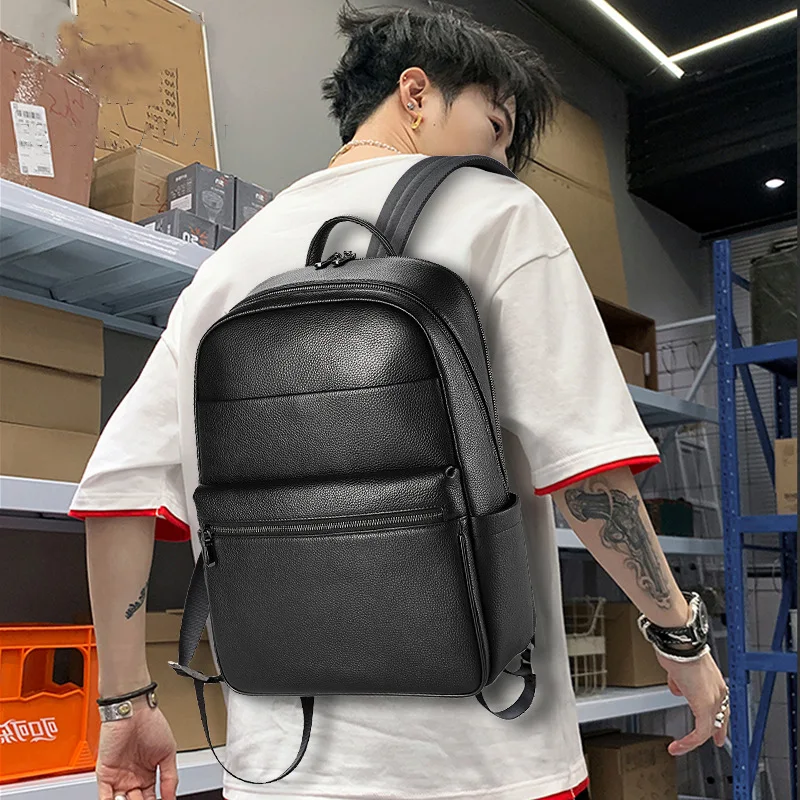 Double Zipper Backpack Men Genuine Leather Fashion Schoolbag For Teenager Boys Travel Bag Large Capacity 15inch Laptop Backpacks