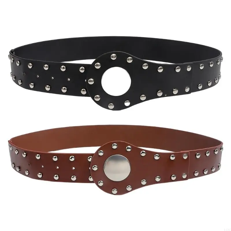 

L5YC Edgy Punk Rock Belt PU Leather Waist Strap Silver Buckled Waist Cinching Band