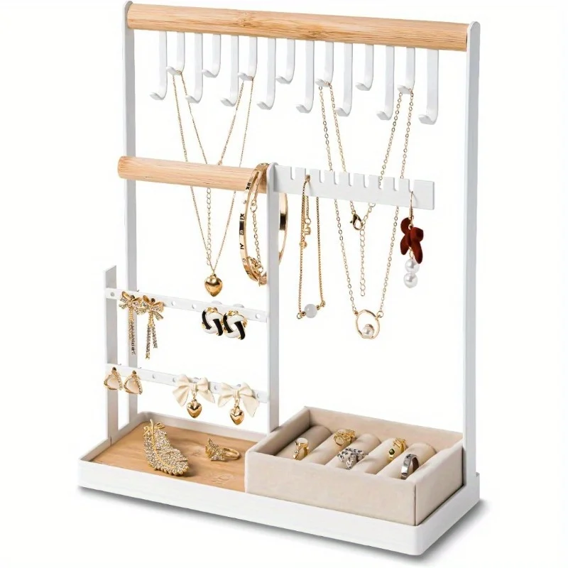 

White 4-Tier Jewelry Organizer Tower with Velvet Ring Holder - 15 Hooks & 16 Earring Holes, No-Tools Assembly Display Case