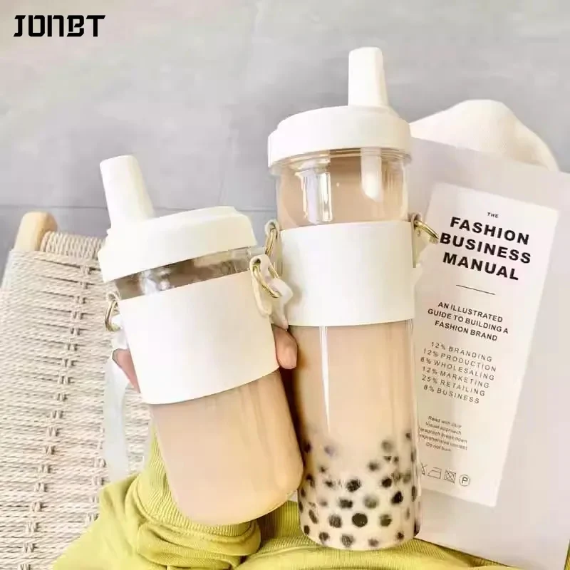 

500/850ml Water Bottles Straw Plastic Cup Milk Juice Cup with Lid Leather Case Bubble Tea Coffee Cups Large Capacity Drinkware