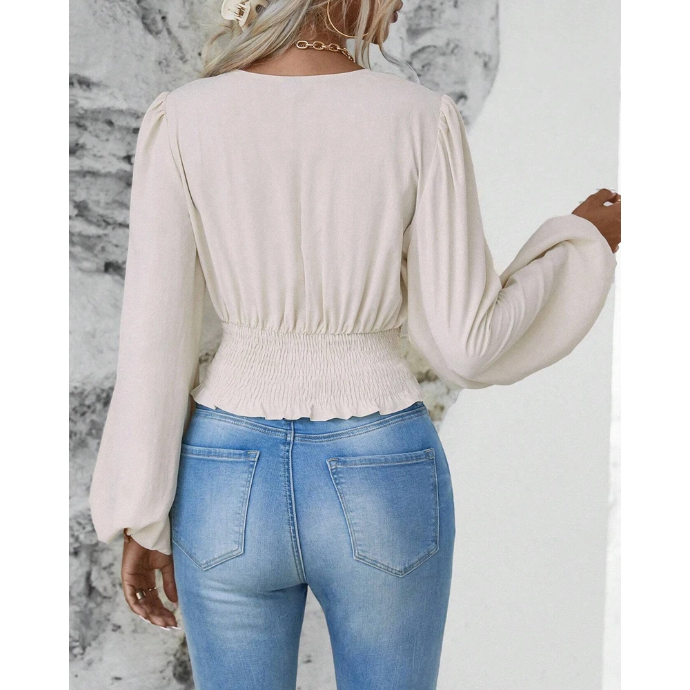 Herfst Vrouwen V-Hals Ruches Lantaarn Mouw Blouse Top Mode Skinny Shirring Taille Effen Kleur Elegante Femme Werkkleding Top Traf