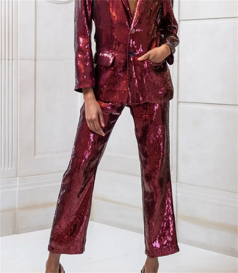 Burgundy Glitter Sequin Women Suits sets 2 Pieces Blazer+Pants Sexy Single Breasted Formal Prom Evening Custom Made Free Shiping