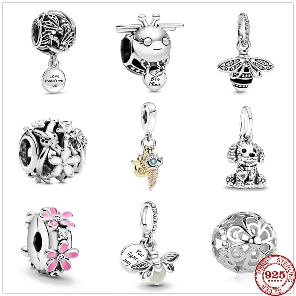 New Pink Daisy Flower Bee mine Firefly Cham Beads fit Original Pandora Charms Silver 925 Bracelet DIY Women Jewelry Berloque