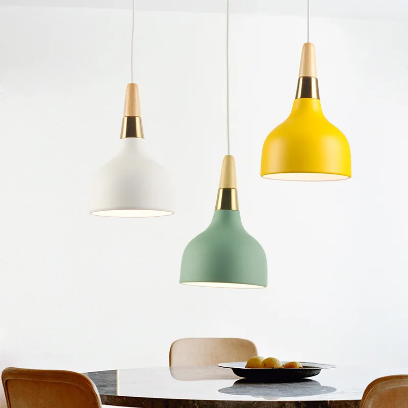 

Nordic Zinc Alloy Matte Macaron Colors 5W E27 LED Pendant Lights WitWooden Dle Cord Ging Droplights For Living Room