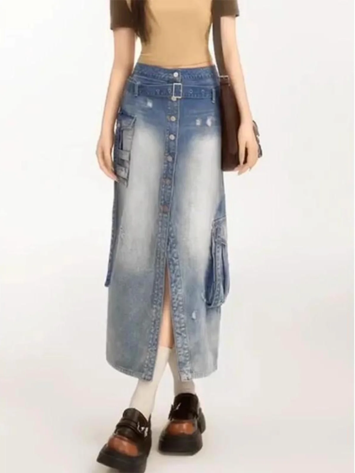 Cintura alta americana retro divisão workwear saia jeans comprimento médio f saia efeito de emagrecimento perfeito para outono inverno estações