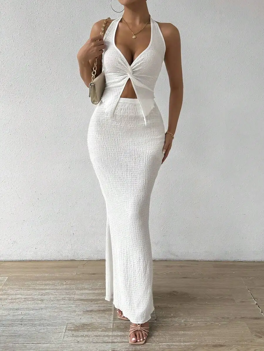 

White 2-Piece Set: Twist Front Halter Top & Slit Maxi Skirt