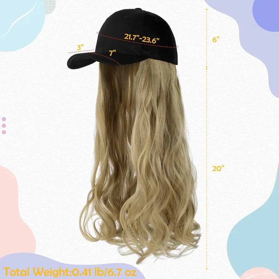 باروكة قبعة بيسبول سوداء قابلة للتعديل مقاس 24 بوصة مع وصلات شعر صناعية طويلة مموجة للنساء والفتيات مثالية لمرحلة الحفلات التنكرية