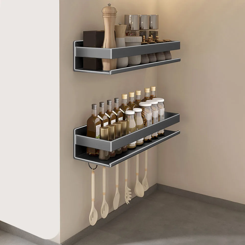 An der Wand montierter Küchen-Gewürz-Organizer mit Hakenstange, Küchen-Aufbewahrungsregal, Gewürzhalter, Küchenzubehör