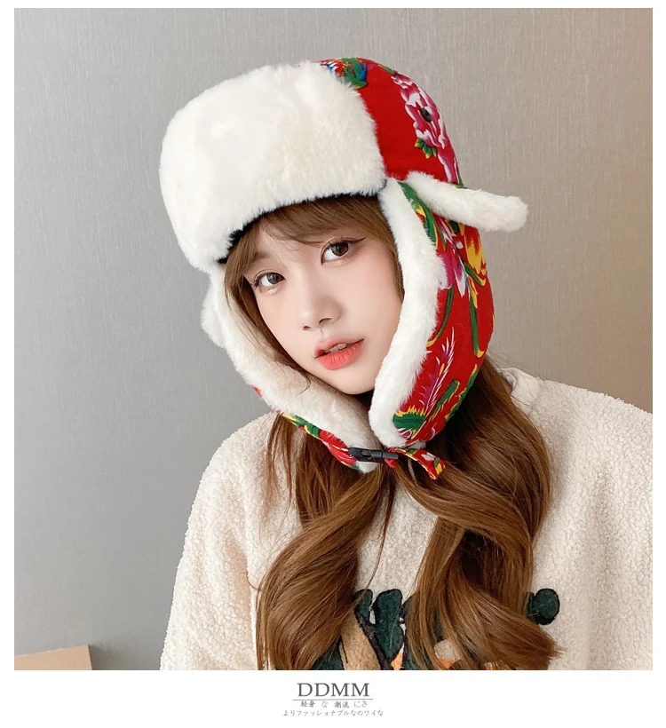 

Bomber Hats Fashion China Northeast Big Flower Cap Winter Men Women Warm Russian Ushanka Hat with Ear Flap Trapper Cap Earflap