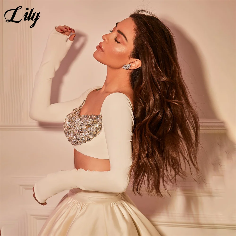 Lily Ivory Two Piece Prom Dress Satin A-Line Celebrity Dresses Long Sleeve Square Rhinestone Crop Top Evening Dress Customized