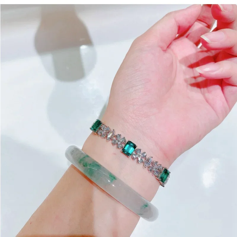 Trendy Lab Emerald Diamond Bangle Bracelet 100% Real 925 Sterling silver Wedding Bracelets For Women Promise Party Jewelry Gift