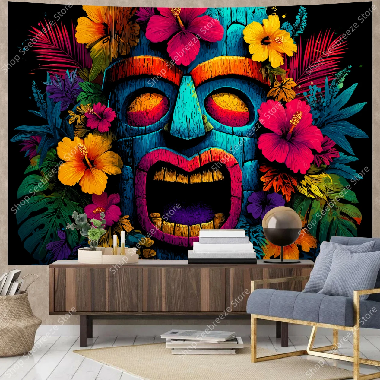 Vibrant Blue Tiki Mask Tapestry with Tropical Hibiscus Flowers and Lush Green Leaves for Bohemian Wall Decor Living Room Bedroom