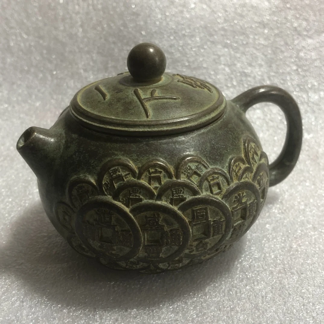 

Antique Bronze Copper Coins Carved Teapot Home Crafts Exquisite Decoration Collection Souvenirs